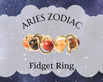 Fidget Ring Adjustable – Aries Zodiac Jewelry - Carnelian, Tiger's Eye, Jasper - Sensory Jewelry - ADHD Gift Idea - Boho Wire Finger Rings