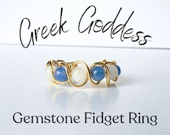 Greek Goddess Ring Gold - White Jade, Blue Agate - Wire Wrapped Ring Handmade - Greek Jewelry For Women Ring - Calming Energy Jewelry