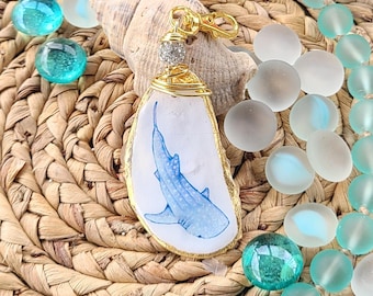 Whale Shark Art - Oyster Shell Charm - Oyster Shell Art - Handmade - Whale Shark - Marine Design - Gold/Silver Charm - Tote Accessory -Shell