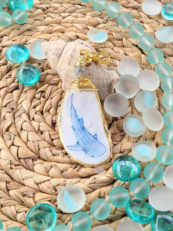 Whale Shark Art - Oyster Shell Charm - Oyster Shell Art - Handmade - Whale Shark - Marine Design - Gold/Silver Charm - Tote Accessory -Shell