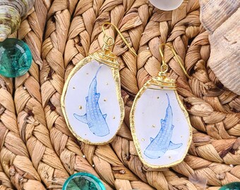 Oyster Jewelry - Oyster Earrings - Oyster Shell Art - Whale Shark Earrings - Whale Shark Jewelry - Ocean Gift - Handmade - Marine Design