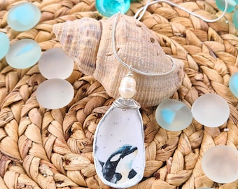 Oyster Shell Art - Oyster Necklace - Orca Art - Orca Necklace - Freshwater Pearl - Killer Whale Design - Oyster Shell Jewelry -Silver Plated