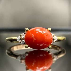 Gecertificeerd natuurlijk koraalrood en diamant of CZ sierlijke ring, 8K 14K massief goud, echte edelsteen, handgemaakte clusterring beste verjaardagscadeau