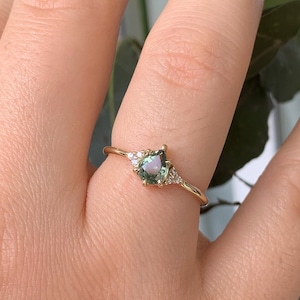 Certified Pear Green Sapphire Classic Cluster Ring w Diamonds CZ, Solid Gold Sri Lankan Jewelry, Dainty Engagement Ring, Christmas Gift Idea