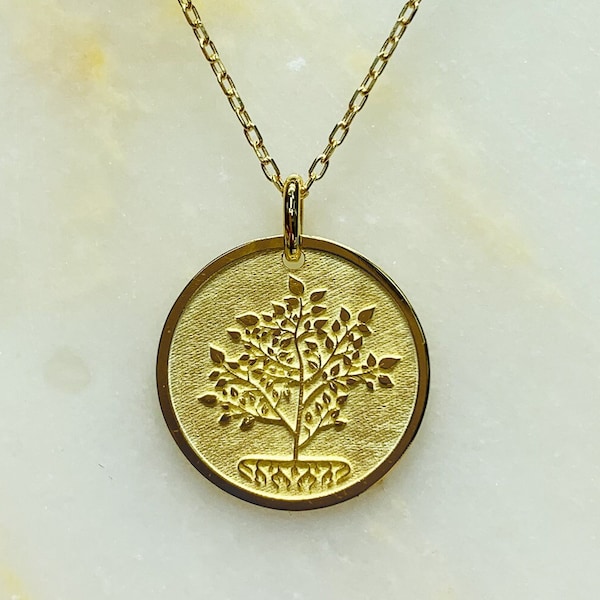 Tree of Knowledge Dainty Solid Gold Necklace, Life Tree with Root Pendant, Family Heirloom Memorable Jewelry, Real Gold Layered Plant Jewel