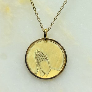 Betende Hände Massivgold Halskette, Serenity Gebet Anhänger, Medaillen der Heiligen, Schmuck Taufe Geschenkidee für Christian, Runder Anhänger für Sie