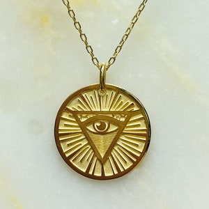 Eye of God Triangle Pendant, Dainty Third Eye Necklace, 14K 8K Real Gold Talisman Masonic Jewelry, Illuminati Symbol Gift Idea, Gift for Her image 1