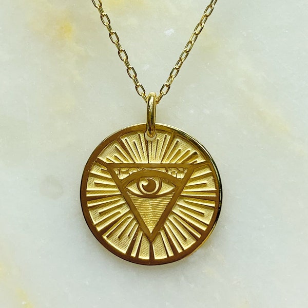 Eye of God Triangle Pendant, Dainty Third Eye Necklace, 14K 8K Real Gold Talisman Masonic Jewelry, Illuminati Symbol Gift Idea, Gift for Her