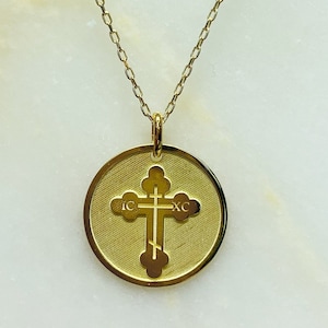Christian Cross Gold Charm Necklace, Religious Jewelry, Solid Gold Layered Necklace, Orthodox ICXC NIKA Round Gold Charm, Easter Gift Idea