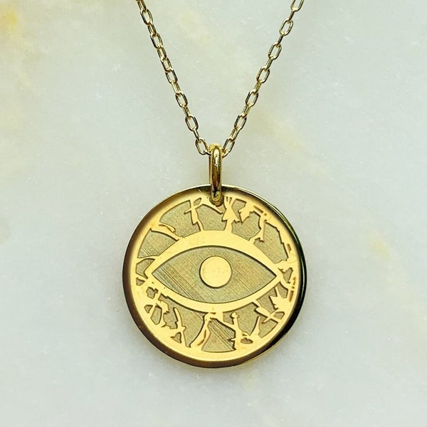 Real Gold Eye of Providence Necklace, Dainty Third Eye Pendant, Round Coin Illuminati Medallion, Egyptian Jewelry, Delicate Masonic Gift