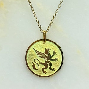 Fairy Tale Dragon Solid Gold Necklace, 14K Heraldic Winged Lion Pendant, Rearing Gryphon, Mythological Jewelry, Best Round Gold Charm Gift