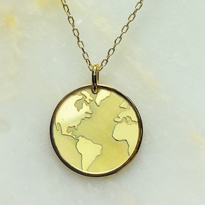 Collar de mapa del mundo delicado, colgante de tierra de oro macizo de 14K, mejor idea de regalo para viajero / trotamundos, joyería de disco de globo, regalo de viajero
