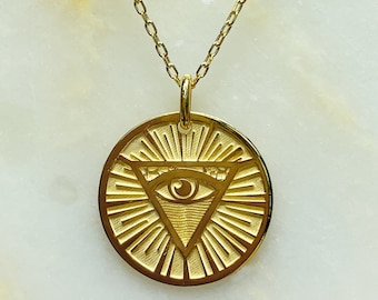 Eye of God Triangle Pendant, Dainty Third Eye Necklace, 14K 8K Real Gold Talisman Masonic Jewelry, Illuminati Symbol Gift Idea, Gift for Her