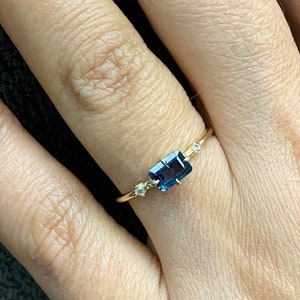 London Blue Topaz Dainty Ring with Diamond, Emerald Cut Natural Gemstone, Minimalist Engagement Ring in 14K Solid Gold, Best Gift for Her