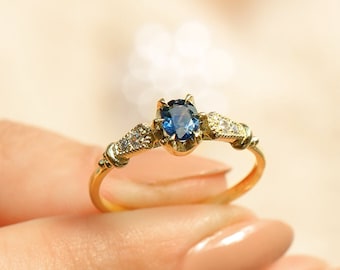 Certified Australian Blue Sapphire Art Deco Ring - Filigree Diamond Band, Solid Gold Antique Style Jewelry, Best Gift Idea for Women 74