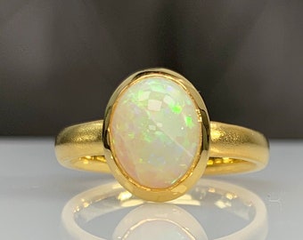 Certificated Natural Opal Dainty Cabochon Cut Ring, 8K & 14K Solid Gold, Genuine Certificated Opal Stone, Best Gift, Handmade Unisex Ring