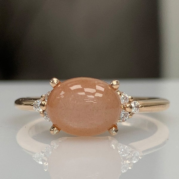 Peach MoonStone & Diamond / CZ Dainty Engagement Ring • 8K / 14K Solid Gold  • Certified Genuine Gemstone • Classic Cluster Ring • Best Gift