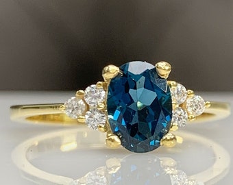 London Blue Topaz Classic Engagement Ring w/ Diamond, Dainty Cluster Ring, 14K Solid Gold, December Birthstone, Genuine Gemstone, Best Gift