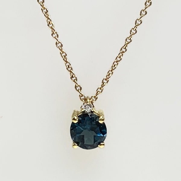 Klassieke London Blue Topaz Charm Necklace & echte kleine diamant, ronde geslepen hanger, 14K massief goud, natuurlijke december edelsteen, verjaardagscadeau