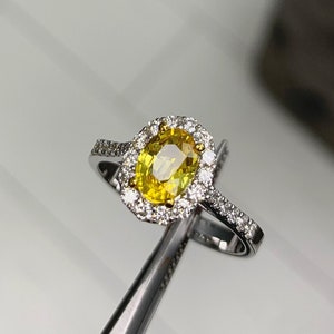 Natural Yellow Sapphire Dainty Halo Ring w/ Diamond, Bezel Setting, Solid 14K Gold, September Birthstone, Genuine Gemstones, Best Gift 4 her