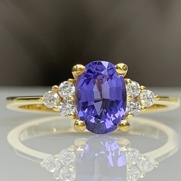 Classic Tanzanite Engagement Ring w/ Diamond, 8K 14K Solid Gold, Dainty Cluster Ring, December Birthstone, Certified Genuine Gemstone, 7x5