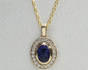 Certified Blue Sapphire Dainty Necklace, September Birthstone Halo Diamond (CZ optional) Fine Pendant, 14K 8K Solid Gold, Birthday Gift Idea