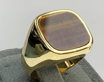 Bague Homme Ancienne En Or 14 Carats Avec œil De Tigre Taille-douce - Taille 7,75 - Occasion Excellent état