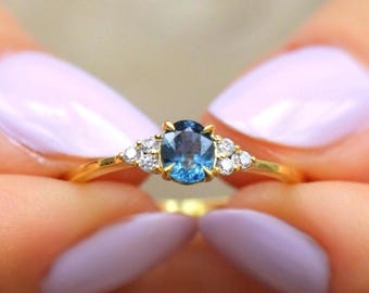 Blue Montana Sapphire Cluster Ring w/ Diamond Accents, Dainty Low Profile Gold Engagement Ring, Elegant Jewelry Anniversary Gift for Her 226