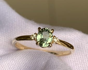 Minimalist Certified Sri Lanka Green Sapphire Engagement Ring with Diamond Accents, Dainty Solid Gold or Silver Ring, September Birthstone