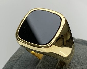 Men Ring with Onyx, Black Pinky Signet Ring, Square Shape Natural Gemstone, Stylish Gold Ring, Handmade Jewelry, Best Gift for Him