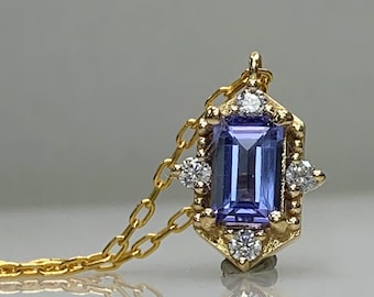 Dainty Tanzanite Necklace with Diamond / Zirconia, 8K or 14K Solid Gold, Stylish Baguette Cut Pendant, Genuine Certified Gemstone, Gift Idea