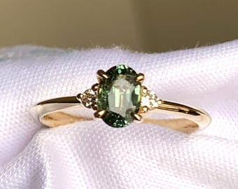 Certified Sri Lanka Green Sapphire Engagement Ring with Diamond, Three Stone Dainty Solid Gold Ring, September Birthstone, Best Gift for Her
