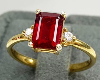 Classic Ruby Ring & Diamond CZ, Dainty Engagement Ring, 8K 14K Solid Gold Octagon Cut July Birthstone, Genuine Gemstone Xmas Valentines Gift