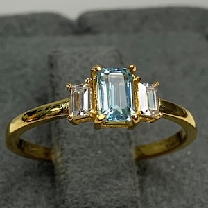 Certificated Blue Topaz & Baguette Diamond Dainty Engagement / Proposal Ring, 8K 14K Solid Gold , Genuine September Gemstone, Multi-stone