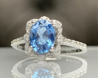 Natural Sky Blue Topaz & Halo Diamond Dainty Ring • 14K Solid Gold  • 1.40 ct Natural Gemstone • Best Gift for her • Handmade Ring