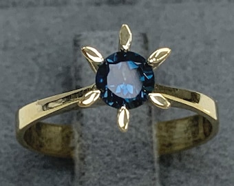 Certificated Sunflower London Blue Topaz Dainty Solitaire Ring, 6 Prongs Stylish Ring, 14K Solid Gold, Genuine Gemstone, December Birthstone