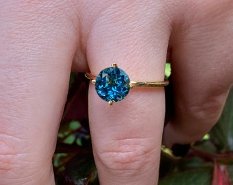 Certificated London Blue Topaz Solitaire Ring, December Birthstone, 8mm Round Shape in 8K or 14K Gold, Genuine Gemstone, Best Gift for Her