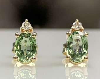 Certified Sri Lanka Green Sapphire Stud Earrings with Diamonds, Dainty Classic Solid Gold Jewelry, September Birthstone, Best Gift for Her