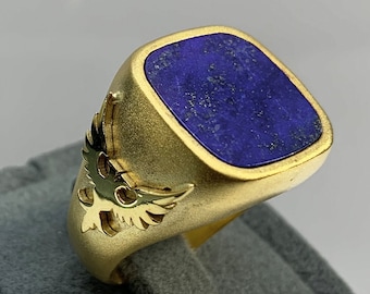 Double Headed Eagle Lapis Lazuli Men Ring, Pinky Signet Blue Ring, Square Cut, Natural Gemstone, Stylish Gold Silver Ring, Handmade Jewelry