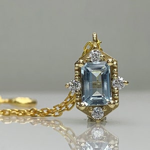 Aquamarine & Diamond Dainty Multistone Necklace, Stylish pendant in 8K or 14K Solid Gold, March Birthstone, Genuine Gemstone, Best Gift Idea