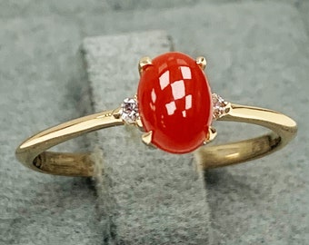 Certificated Natural Red Coral & Diamond CZ Classic Ring, Dainty Engagement Ring, 8K 14K Solid Gold, Genuine Gemstone, 35th Anniversary Gift