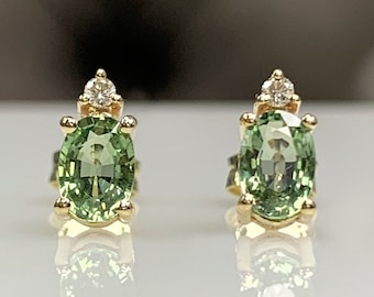 Certificated Sri Lanka Green Sapphire Earrings w/ Diamonds, September Birthstone, Dainty Classic Jewelry Solid 14K Gold, Best Gift for Her