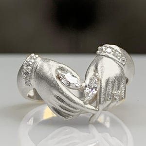Sterling Silver Holding Hands Ring – Marquise Diamond or CZ – Hand-Patterned Minimalist Design – Unique Handmade Birthday Gift Idea for Her