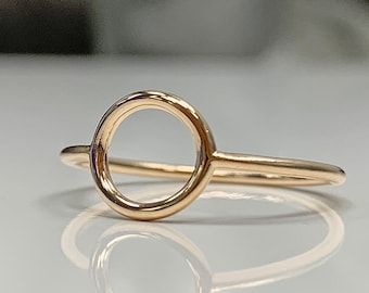 14K Solid Gold Open Circle Ring, 8K Dainty Daily Karma Ring, Ohm Meditation Jewelry, Handmade Minimal Spiritual Gift for Yoga Lover Friend