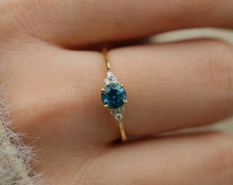 Round Cut London Blue Topaz Ring, Stylish Ring for Daily Wear, Dainty Solid Gold Cluster w Tiny Diamond or CZ, Best Birthday Gift Idea 226