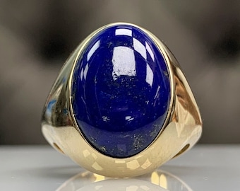 Stilvoller großer Lapis Lazuli Pinky Männer Ring, zarter Siegel Blauer Ring, Handgemachter Männer Schmuck, Ovaler Echter Edelstein, Massiv Gold & Silber Ring