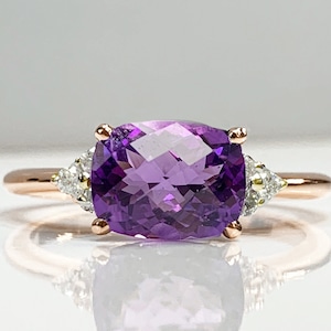 Certficated Amethyst & Diamond Cluster Engagement Ring, Cushion Briolette Cut Genuine Gemstone 14K Solid Gold Best Gift February Birthstone