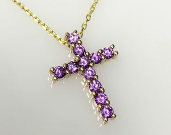 Real Gold Amethyst Cross Necklace, Stylish Religious Pendant in 8K 14K Solid Gold, Christian Gift Idea, Genuine Gemstone February Birthstone