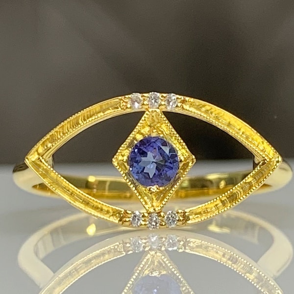 Tanzanite Evil Eye Ring, Stylish Charm Stacking Ring, Engraved Open Back Jewelry, Genuine Touch Skin Gemstone & Diamond, Best Iconic Gift