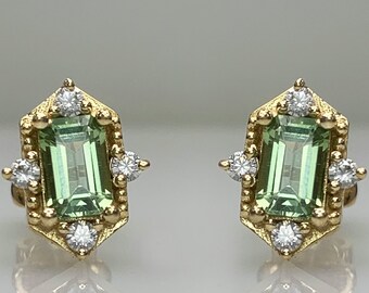Modern Mint Tourmaline Stud Earrings in 8K or 14K Solid Gold, Dainty Cocktail Earrings, Genuine Gemstone, Anniversary or Christmas Gift Idea